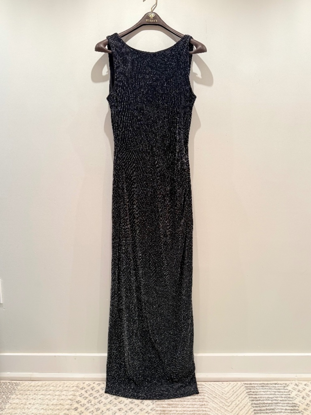 Lori Michaels gunmetal shimmer maxi dress, size M